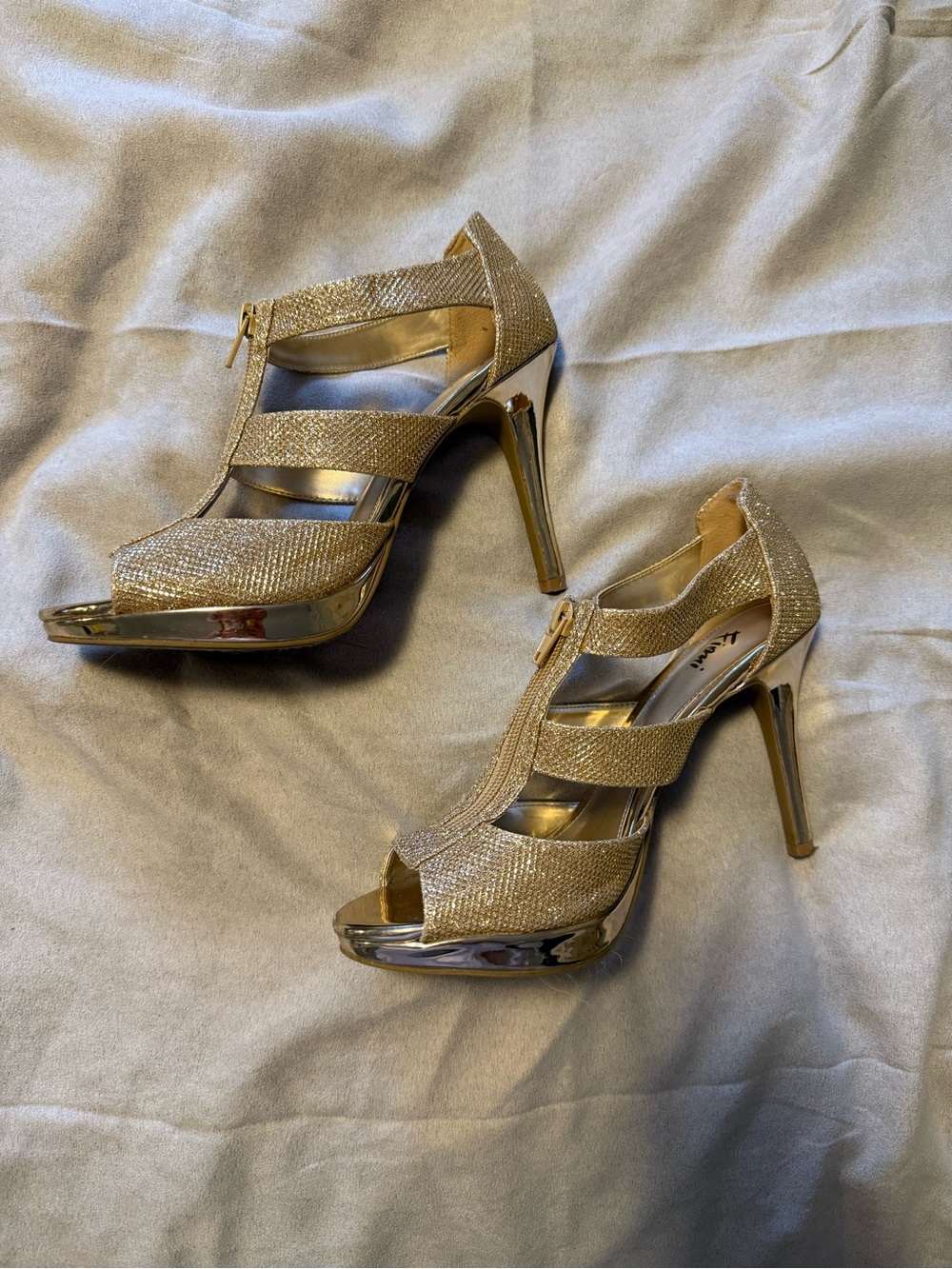 Fioni Gold Strappy High Heel Sandals - Metallic gold glitter Platform Peep Toe
